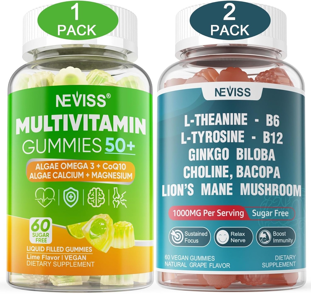 NEVISS Bundle - Mujeres & Hombres 50+ Multivitamina y L-Tyrosine L-Theanine B6 B12 Gummies 2 Pack