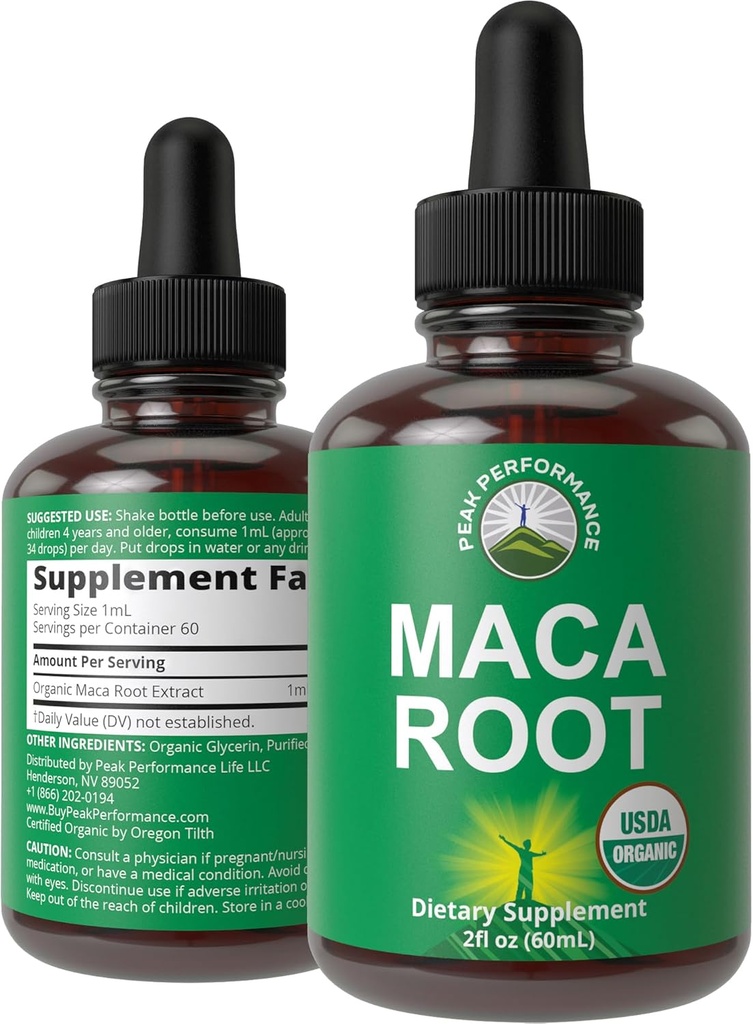 Maca Root Liquid Drops. USDA Organic Vegan Extract Supplement For Women and Men. High Bioavailability Supplements. Maca For Energy, Endurance y Mood Support. Cero azúcar, sin gluten, sin cápsulas