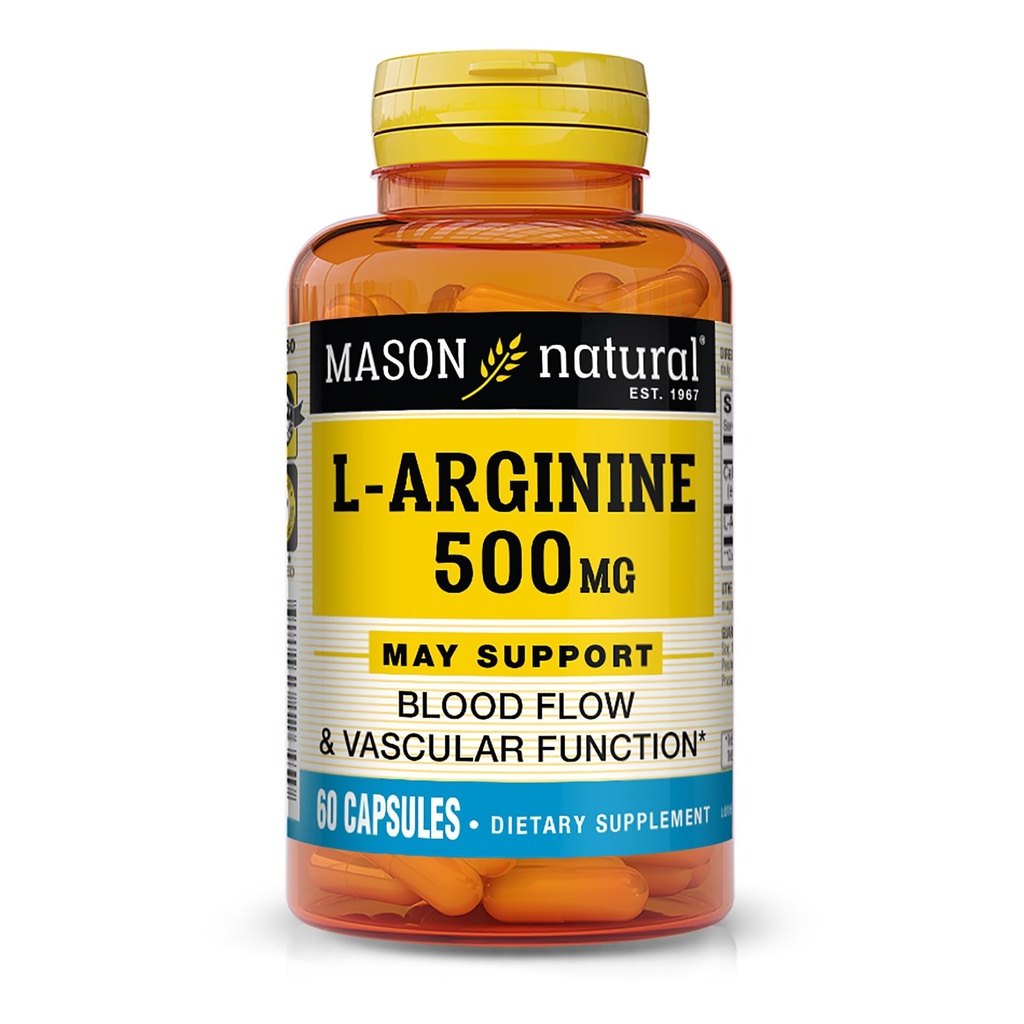 MASON NATURAL L-Arginina 500 mg con Calcio-Apoyos Circulación saludable " Función vascular, Suplemento de óxido nítrico, 60 cápsulas