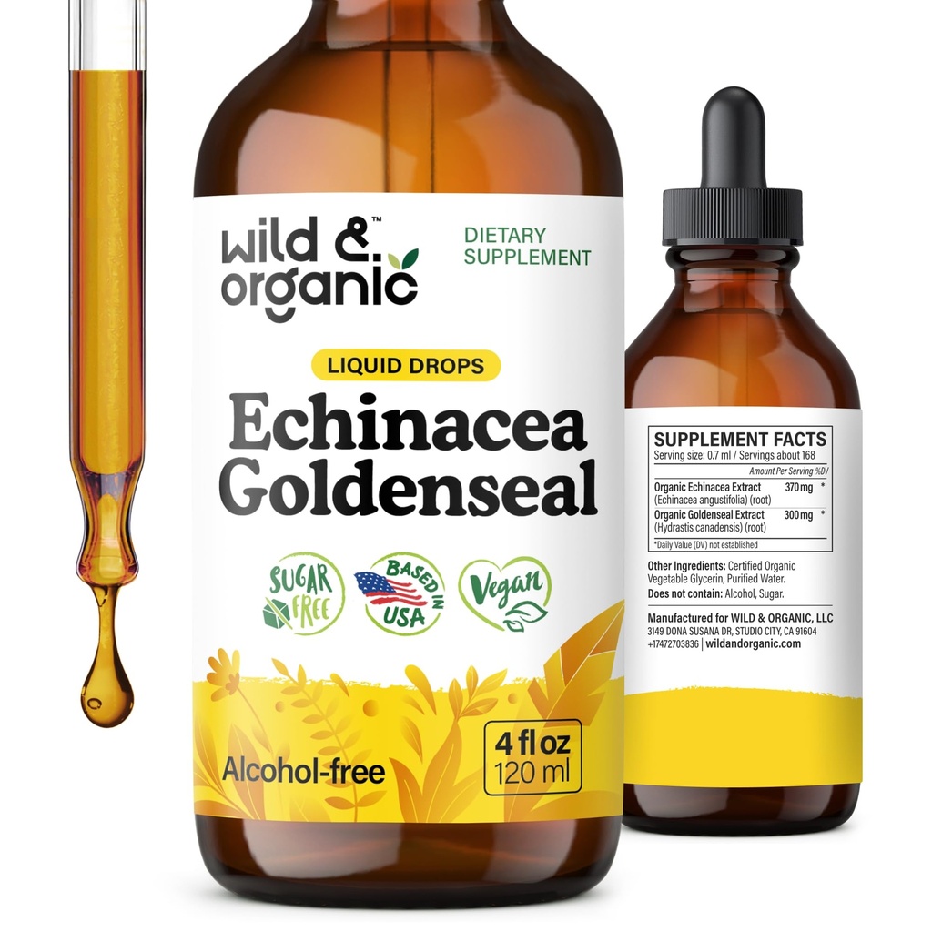 Wild &amp; Organic Echinacea Goldenseal Tincture - Immune Support Drops with Echinacea and Goldenseal Root Extract - Vegan, Sugar &amp; Alcohol-Free Liquid Supplement - 4 fl oz