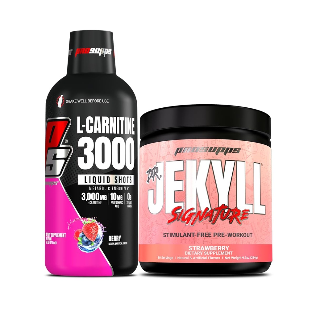 PROSUPPS L-Carnitine 3000 Stimulant Free Liquid Shots (Berry) Dr. Jekyll Signature Intense Focus, Energy &amp; Pumps Pre-Workout Powder (Strawberry) Bundle