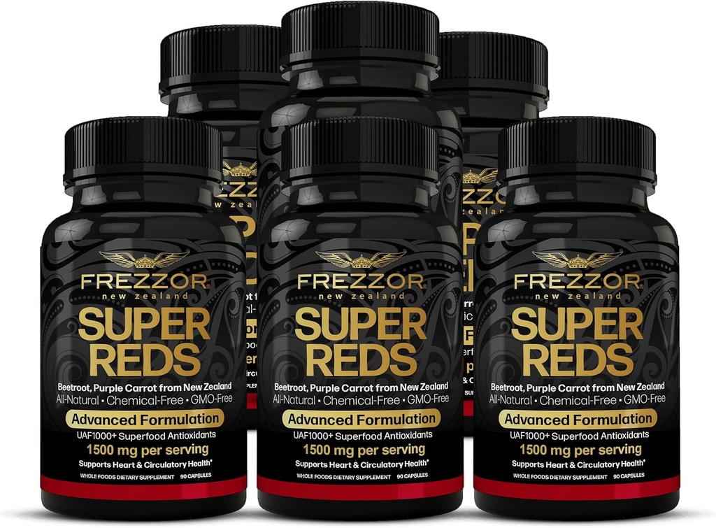 FREZZOR Super Reds Capsules con UAF1000+, All-Natural New Zealand Red Superfood Energy, Essential Red Fruits Veggies disminuye Beets, Antioxidants, Enzymes, Energy Supplements, 540 Capsules, 6 Bottles