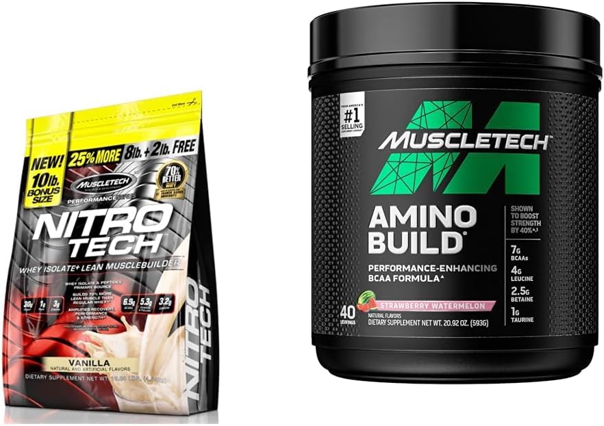 MuscleTech Nitro-Tech Whey Protein Powder Isolate " Peptides ¦ Protein + Creatine for Muscle Gain " BCAA Amino Acido + Electrolyte Powder Amino Build 7g of BCAAs + Electrolytes Support