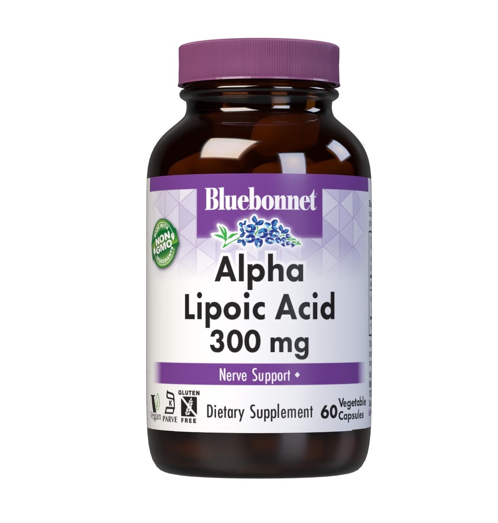 BlueBonnet Alpha Lipoic Acid 300mg - Powerful Antioxidant Nerve Support Supplement for Women &amp; Hombre - Non-GMO, Vegan, Kosher - Gluten-Free, Soy-Free, Dairy-Free - 60 cápsulas vegetales