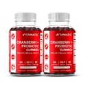 Vitamatic 2 Pack Vegan Cranberry Gummies con D-Mannose, Probiótico & Vitamina C para Mujeres Salud Urinaria - 25000mg Equivalente por Serving (de 50:1 Extracto 500 mg) - 60 Con