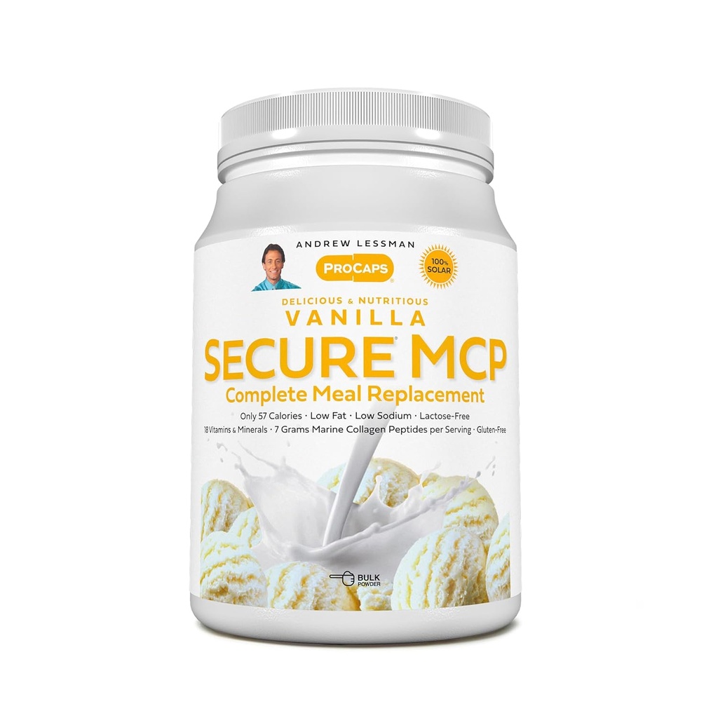 ANDREW LESSMAN Secure MCP Complete Meal Replacement - Vainilla 10 Servings - Sólo 57 Calories, Low-Fat, 7 Grams Marine Collagen Peptides, Promueve la piel radiante Smooth Soft, Juntas cómodas