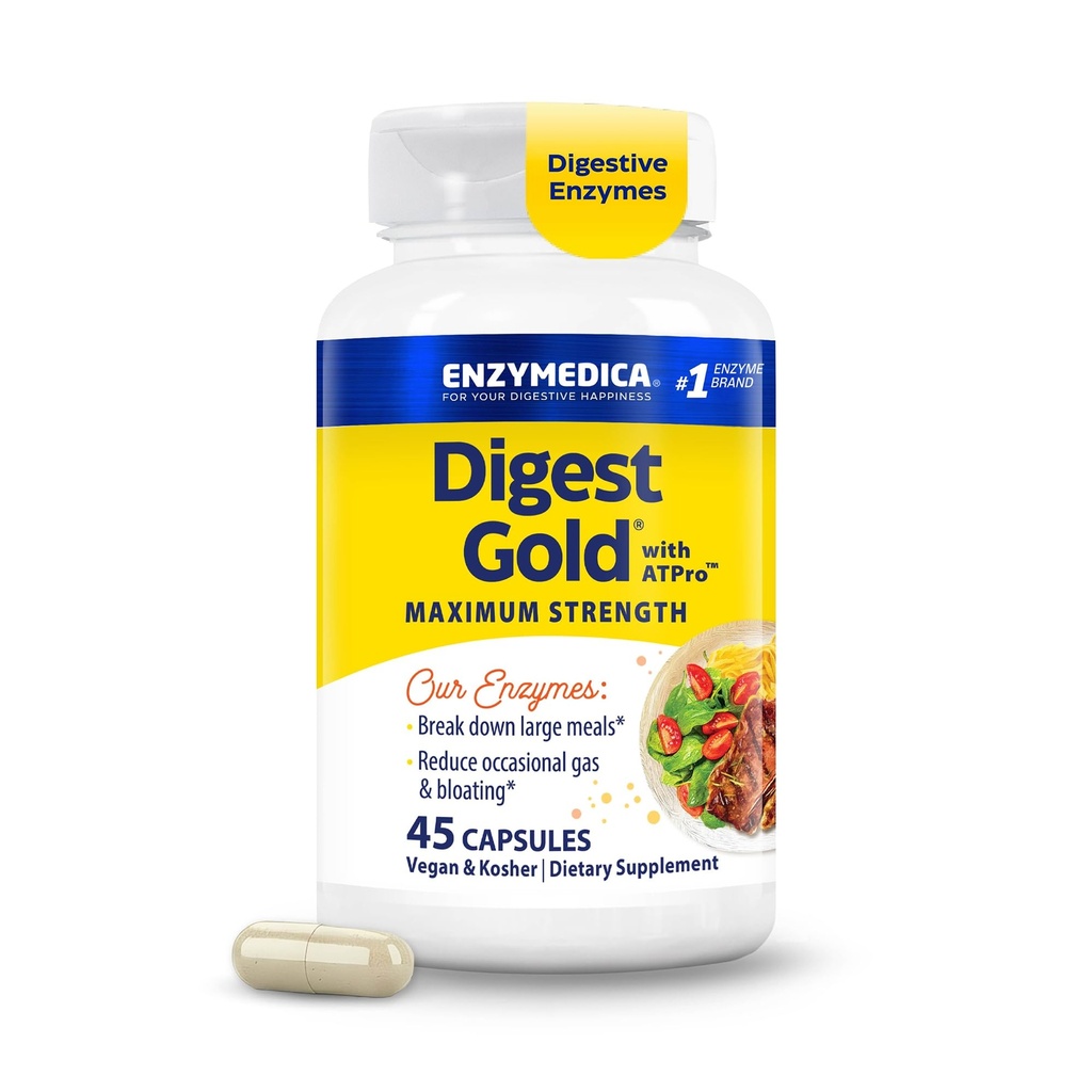 Enzymedica Digest Gold + ATPro, Maximum Strength Digestive Enzymes, Ayudas Digest Grandes Comidas para Instant Bloating Relief, 45 Cuenta