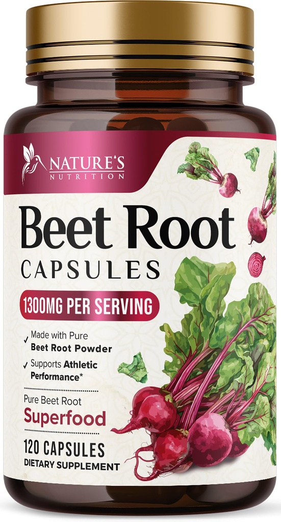 Beet Root Capsules 1300mg - Extra Strength Red Beetroot Powder Suplemento – Apoyo Nitric Oxide Production, Heart Health & Natural Energy – Non-GMO, Vegan, Gluten Free – 120 Veggie Capsules