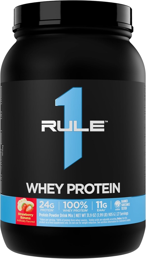 Regla 1 Whey Protein – 24g Proteína de acción rápida de todas las fuentes con EAAs ocurridas naturalmente " BCAAs para recuperación de ejercicios o cualquier uso en cualquier momento (2 libras*, Banana de fresa)