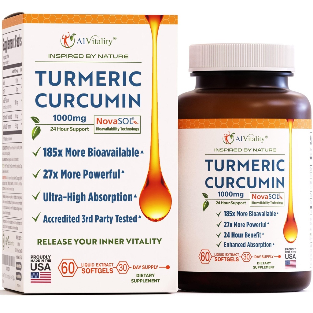 A1Vitality NovaSOL Turmeric Curcumin 1000mg – Clínicamente Probada 185x Absorción Superior – Promueve Confort Conjunto, Movilidad & Bienestar General – No GMO, Doctor Formulado, 60 Softgels.