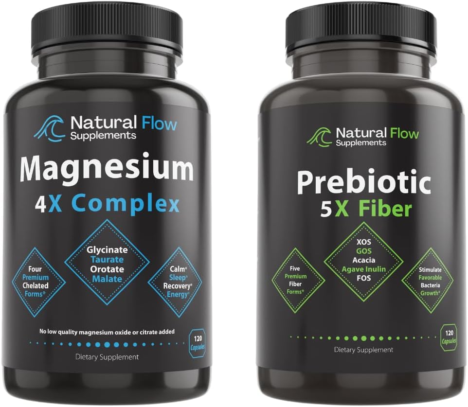 Natural Flow 4X Magnesium Complex & Prebiotic Fiber Suplemento 5-in-1 Capsules Bundle