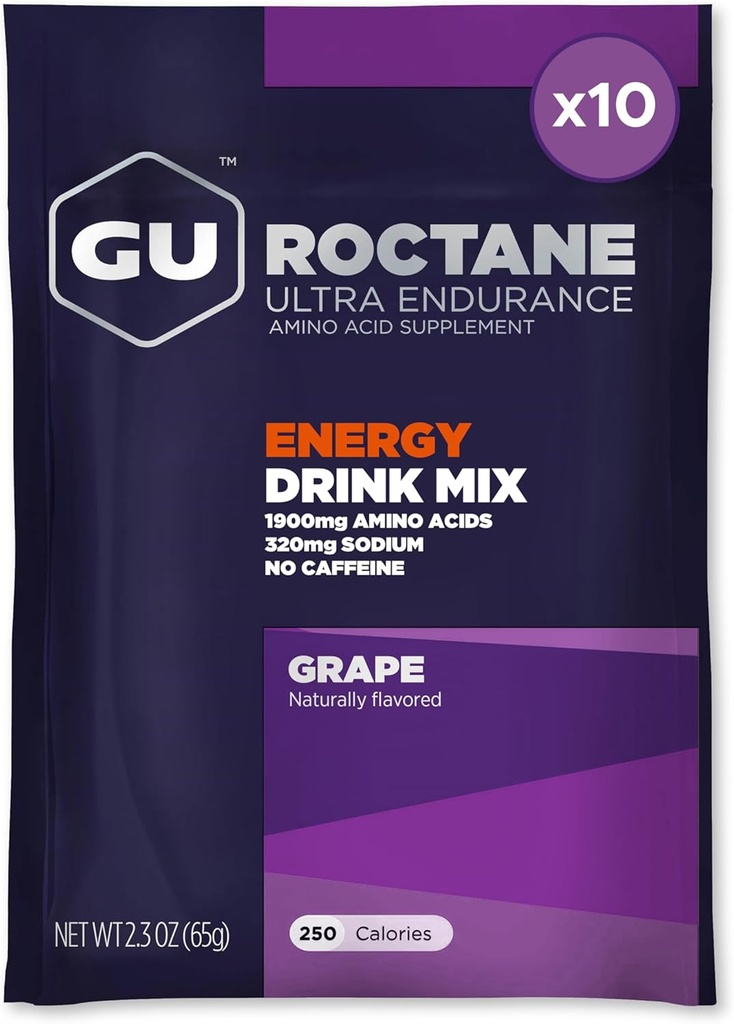 GU Energy Roctane Ultra Endurance Energy Drink Mix, Vegan, Gluten-Free, Kosher, Caffeine- Free y Dairy-Free n-the-Go Energy for Any Workout, 10 Single-Serving Packets, Grape