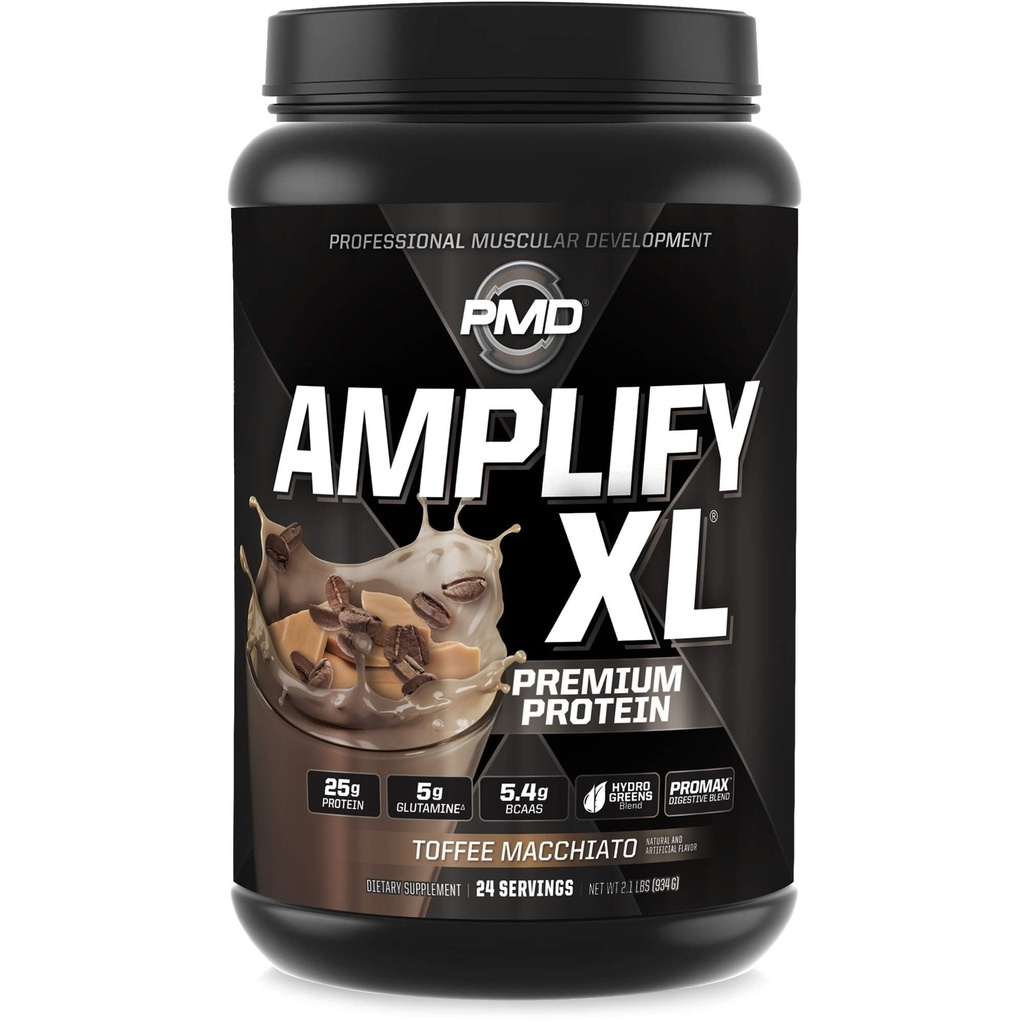 PMD Sports Amplificar XL Premium Whey Protein Suplemento Hydro Greens Blend - Glutamine y Whey Protein Matrix con Superfood for Muscle, Strength y Recovery - Toffee Macchiato (24 Servings)