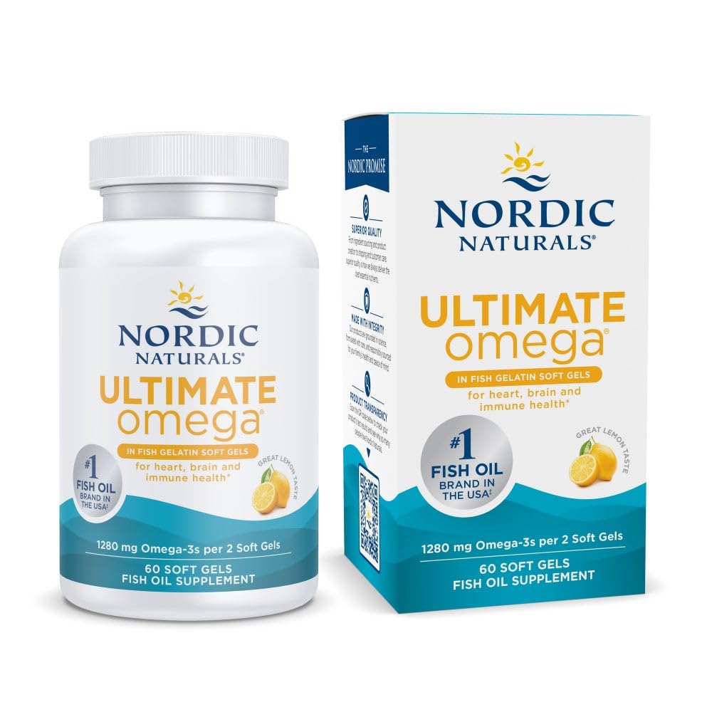 Nordic Naturals Ultimate Omega en Fish Gelatin, Lemon Flavor - 60 Soft Gels - 1280 mg Omega-3 - High-Potency Fish Oil Suplemento - EPA & DHA - promueve Brain & Heart Health - Non-GMO - 30 Servings