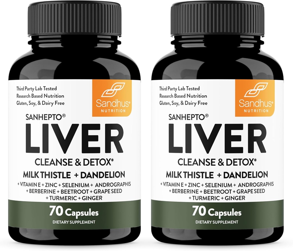 Sandhu's Liver Cleanse Detox & Repair Support ← 70 Capsules (Pack of 2) Silencio Herbal Supplement for Liver Health TEN LLEK Thistle Dandelion Root Andrographis with 8 Minerals