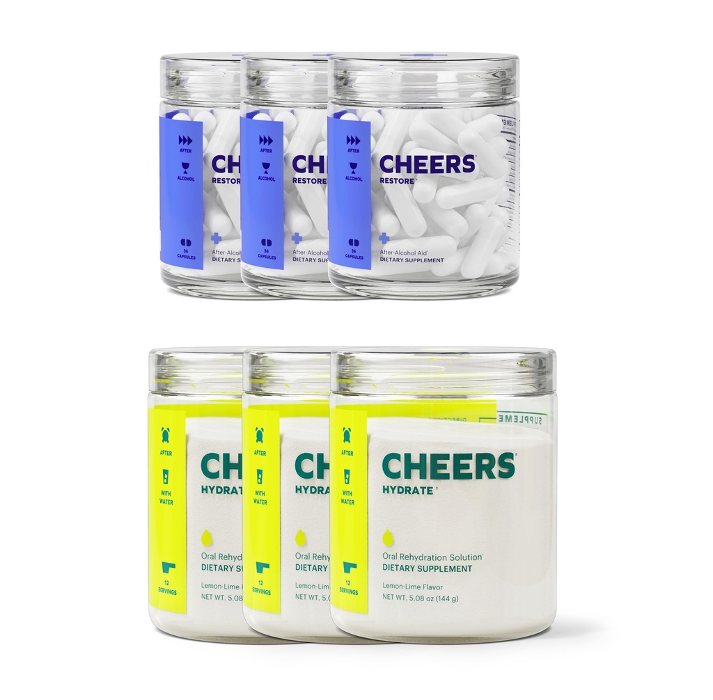 Cheers Clásico Combo Silencioso Restaurar + Hydrate ← Rehydrate " Siéntete mejor después de beber DHM, L-Cysteine, B-Vitamins, Electrolytes TEN 12 Doses Cada ¦ Liver Support ← Electrolyte Suplementos