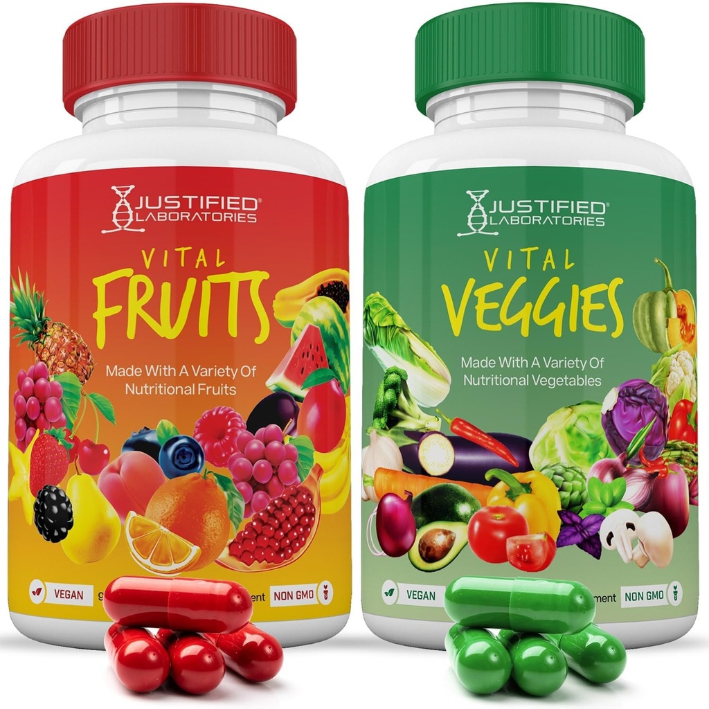 Laboratorios Justificados (Set of 2 Frutas Vitales y verduras Suplemento Rojo & Verde Superalimentos Whole Food Non GMO Vegan Friendly 180 Veggie Capsules 2 Botellas