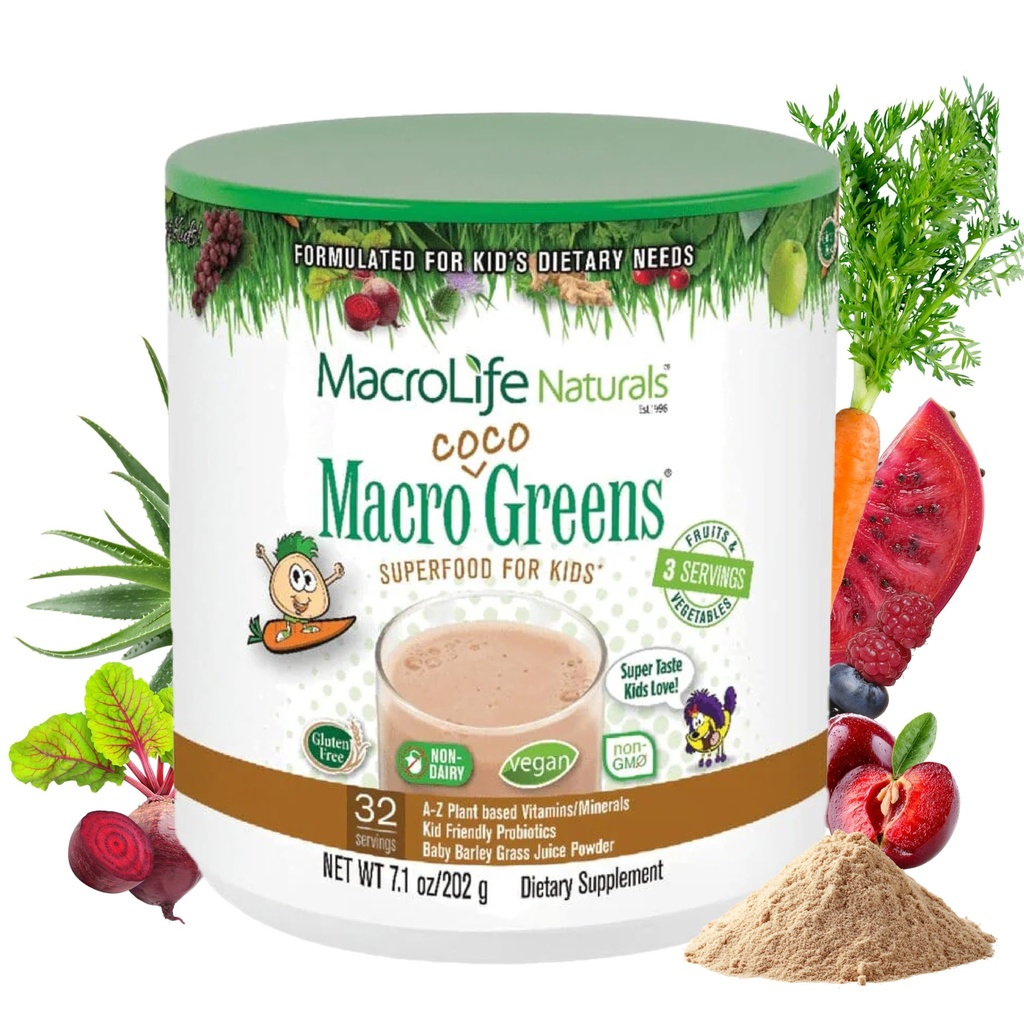 MacroLife Naturals MacroCoco Verdes Chocolate Superfood Powder para niños Frutas crudas verduras Probióticos " Enzimas digestivas, Energía Inmunitaria, No GMO, Vegan, Gluten, Dairy Free - 7oz (32 Servimientos)