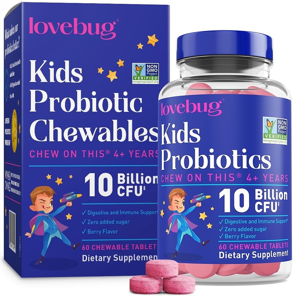 LOVEBUG Probiotics for Kids – Probiotic Chewables with Prebiotic Fiber for Age 4+, Daily Children's Gut Health, Constipation, Digestive & Immune Support Supplement, Sugar-Free Berry Flavor, 60 ct