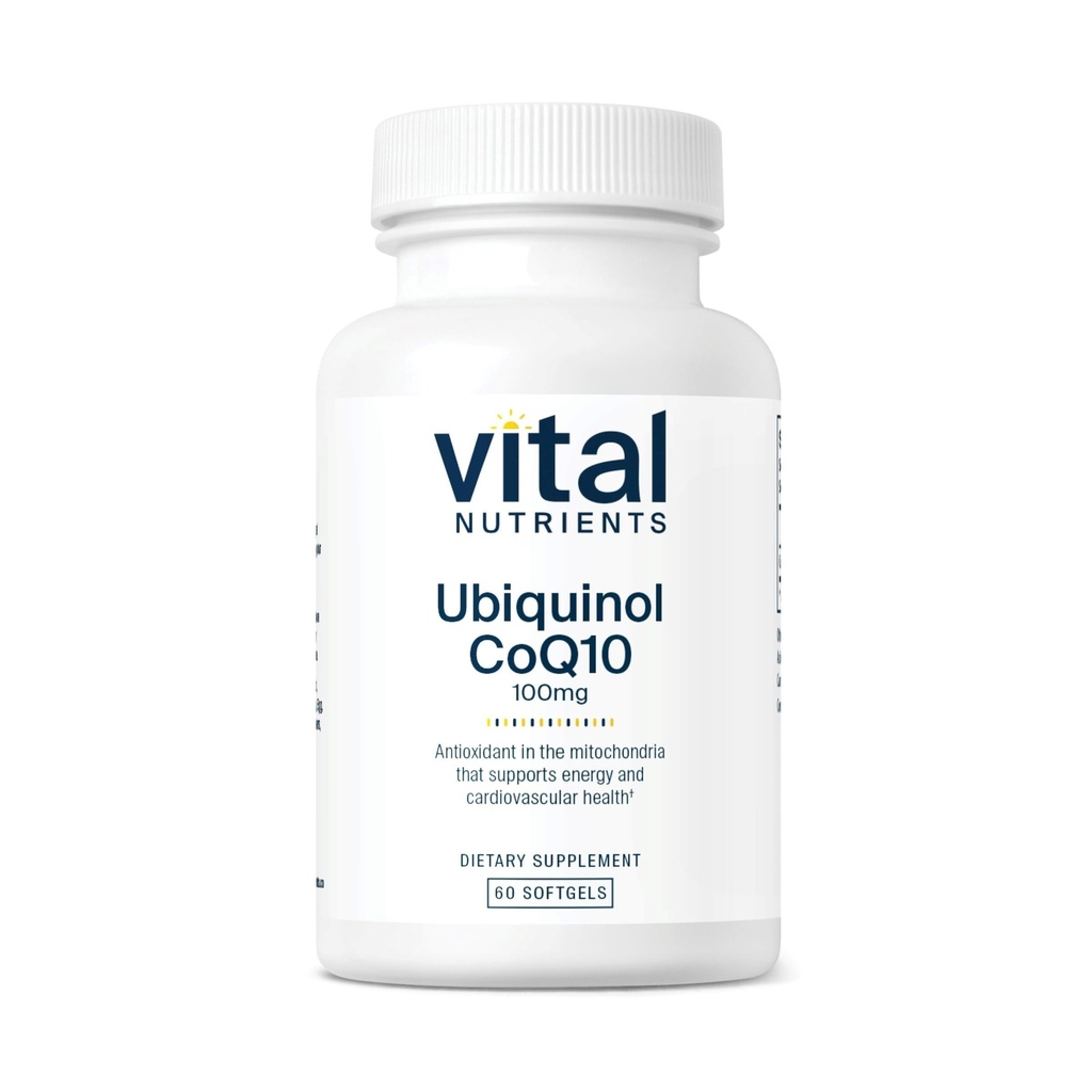 Nutrientes vitales Ubiquinol CoQ10 100mg ← Forma activada de la Coenzima Q10 ← Potente Antioxidante para apoyar la salud cardiovascular y cerebral* ← Gluten y Dairy Free ← 60 Vegetarian Softgels