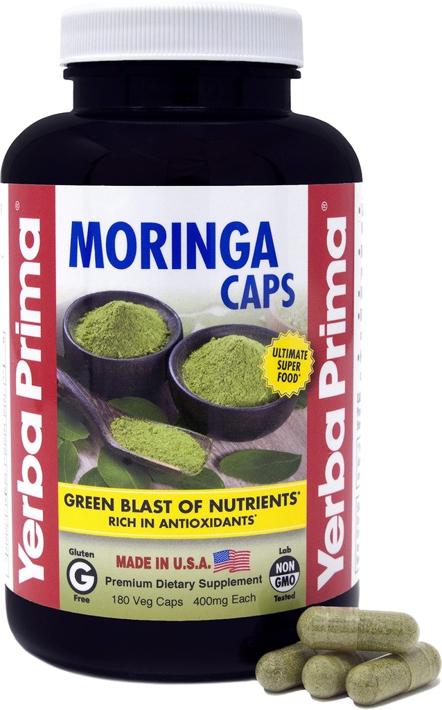 Yerba Prima Moringa, 180 Conde Veg Caps - 400mg de Pure, Leaf seco Powder, Green Blast de Nutrientes, Rico en Antioxidantes, 100% puro, Super Food, No GMO, Vegan Friendly, Gluten-Free, USA Made