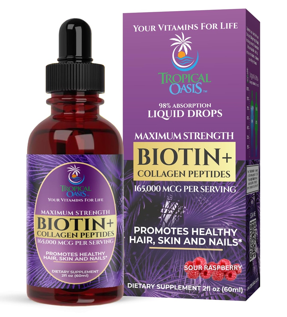 Maximum Strength 165,000mcg Liquid Biotin " Collagen Drops – Vitaminas para el crecimiento del cabello para hombres y mujeres – apoya el cabello sano, la piel radiante " fuertes uñas – 98% Absorción, No GMO, 60 Servimientos