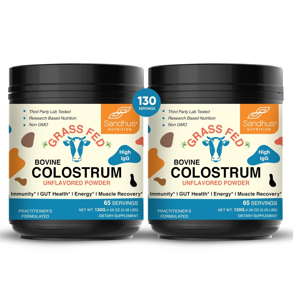 Sandhu's Grass Fed Bovine Colostrum Powder for Humans, Adults TEN 65 Servings (Pack of 2) Cows Supplement TEN High IgG for Gut Health TEN Immunity &amp; Muscle Recovery Support ← Desflavored Silencio for Men &amp; Women