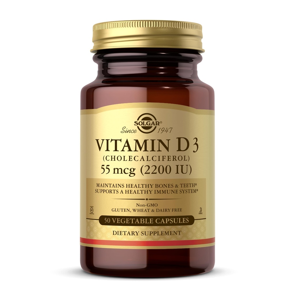 Solgar Vitamina D3 (Cholecalciferol) 55 mcg (2200 UI), 50 cápsulas vegetales - Ayuda a mantener los huesos saludables " dientes - Apoyo al sistema inmunológico - No GMO, libre de gluten, libre de lácteos, Kosher - 50 piezas