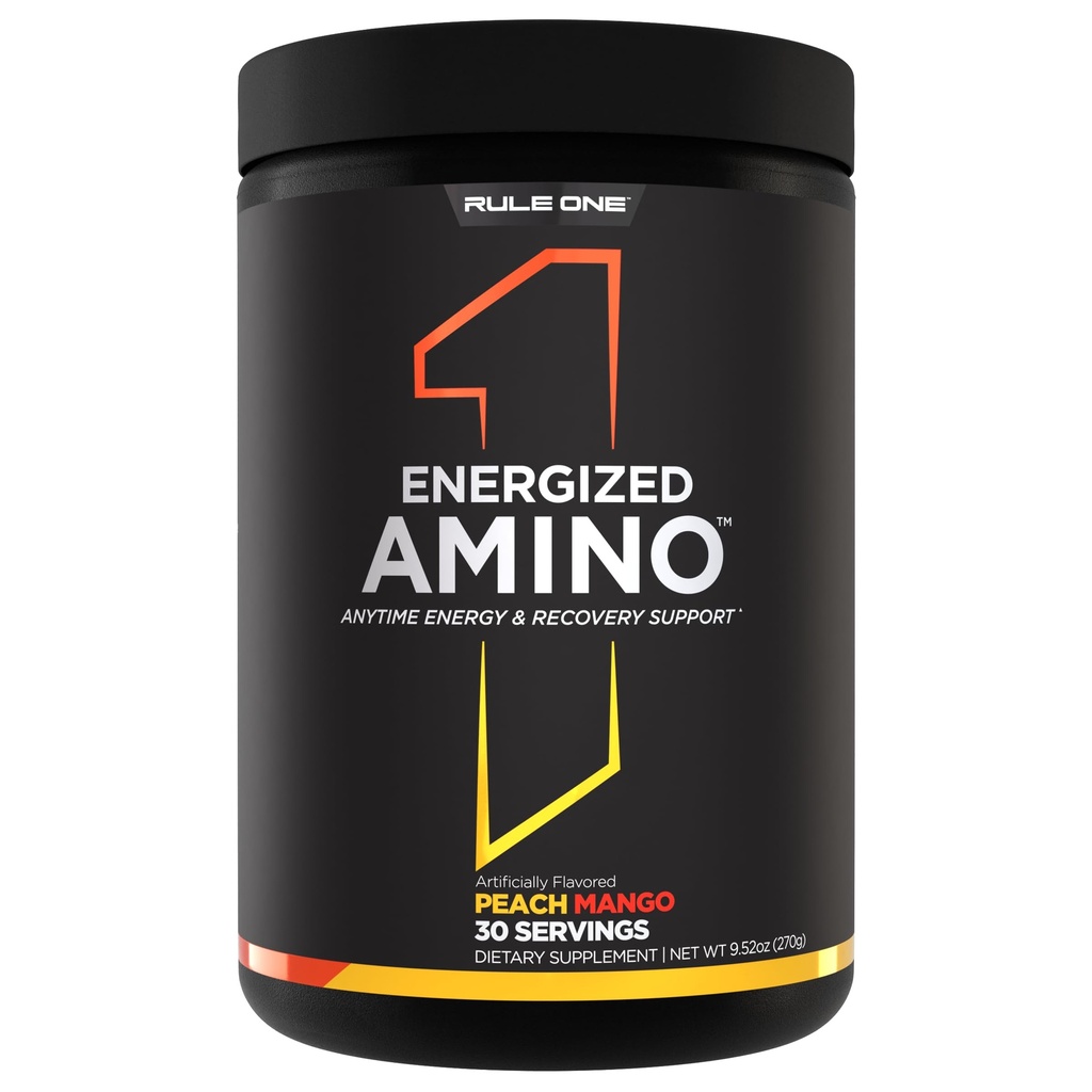 Regla 1 Amino Energizado: En cualquier momento de energía y recuperación Soporte con BCAAs, Glutamina, Citrulline, Beta Alanine y Caffeine de extractos de hoja de café verde (30 servidos, Peach Mango)