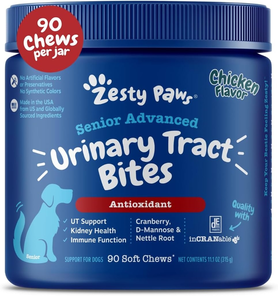 Zesty Paws Senior Cranberry Suplemento para perros - Control de la vejiga para perros mayores - Soporte de la trampa urinaria - Cervezas de arándano - Soporte de manteca de arándano - Chicken - 90 Conde