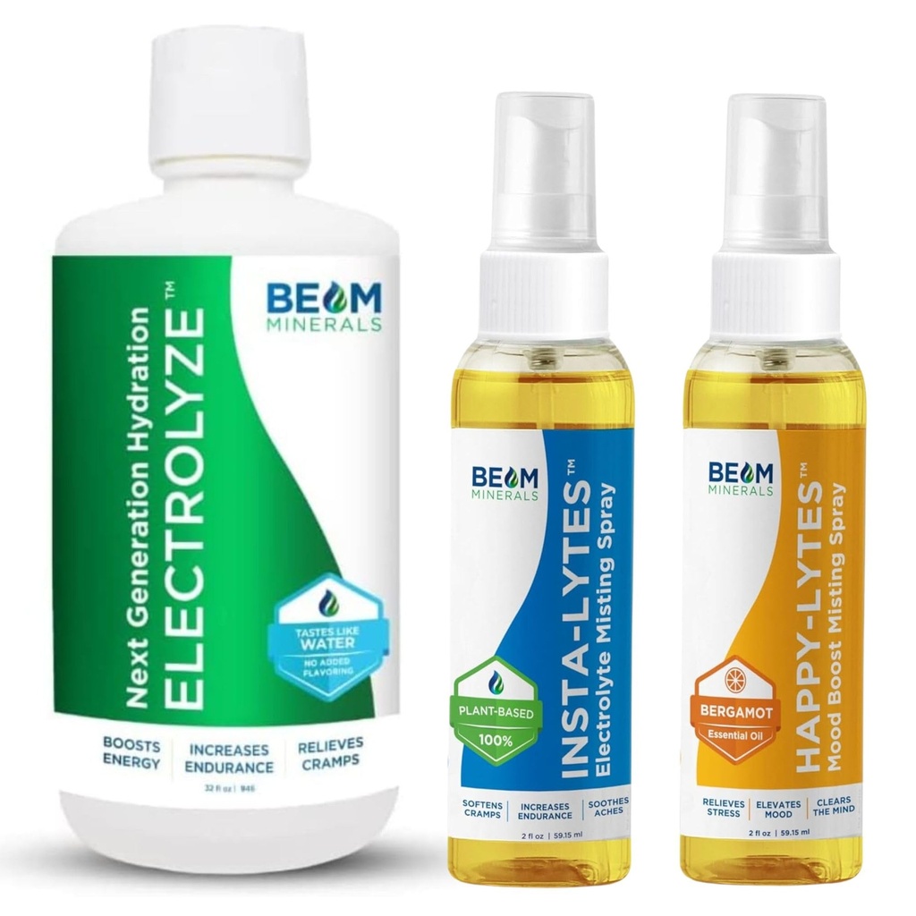 Beam Minerals Electrolyte Imbalance Solution Electrolyze e Insta-Lytes Natural Liquid Electrolytes 2oz y Happy-Lytes Fulvic Electrolyte Misting Spray 2oz