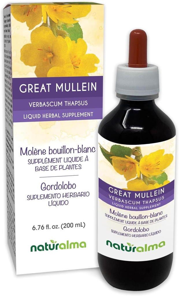 Naturalma Gran Mullein o Mullein Común (Verbascum thapsus) Flor y hoja Hidrocarburo Sin alcohol Tintura - 6.76 fl oz Extracto líquido en gotas - Suplemento Herbal - Vegan