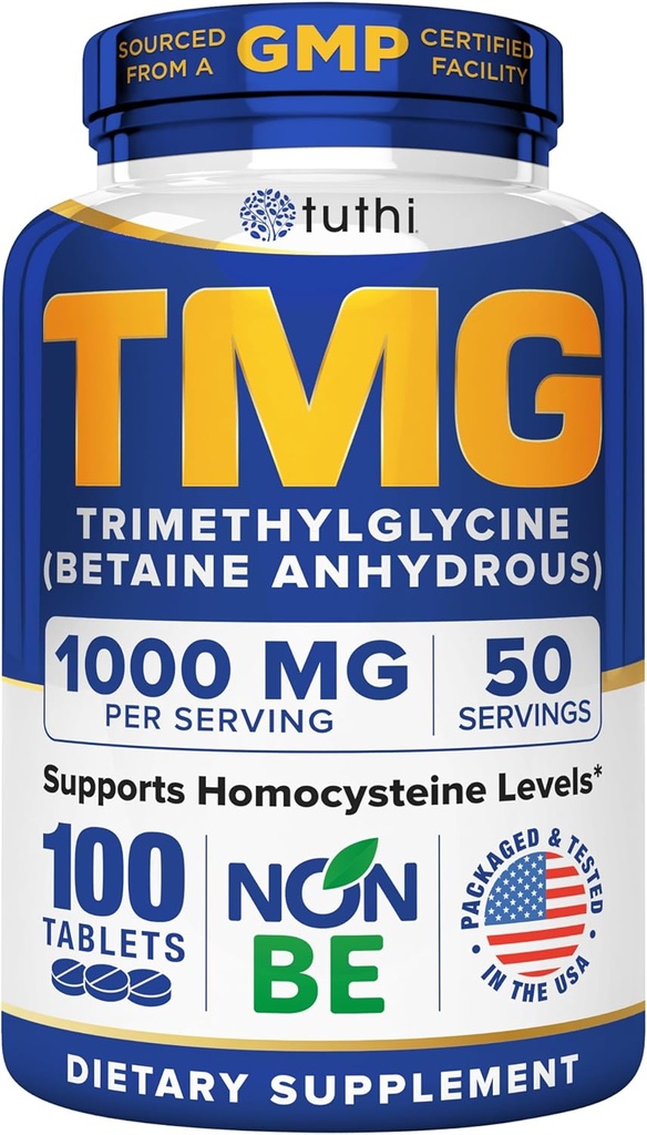 Tuthi TMG Suplemento – 1000mg Trimetilglicina – Aminoácidos betainos para soporte cardiovascular y niveles saludables de Homocysteine – 100 tabletas vegas – libre de gluten, no GMO – Hecho en EE.UU.