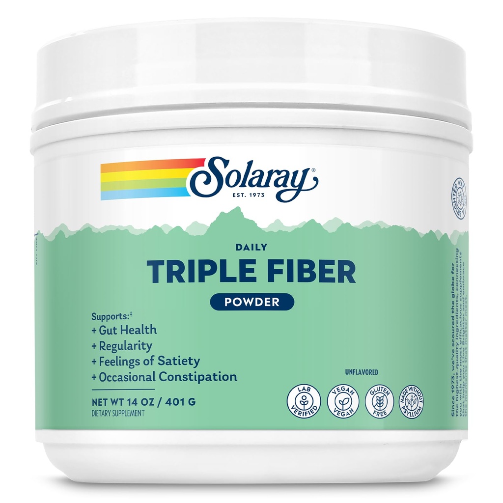 SOLARAY Triple Fiber Powder - Suplemento diario de fibra para mujeres y hombres w / prebióticos - Salud Gut, estreñimiento ocasional, Apoyo a la salud digestivo, Deflavorado, Vegan, Gluten Gratis, 30 Servimientos, 14oz
