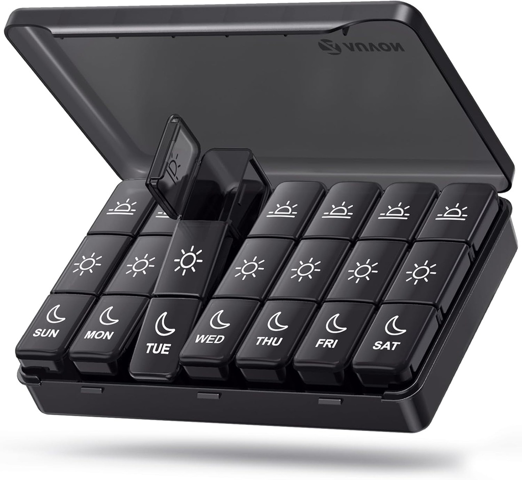 Organizador semanal de píldoras AUVON 3 veces al día, caja grande 7 día con doble protección para viajar, caja de píldoras negras para la protección de privacidad, recipiente resistente a la luz para medicamentos, vitaminas, aceites de pescado