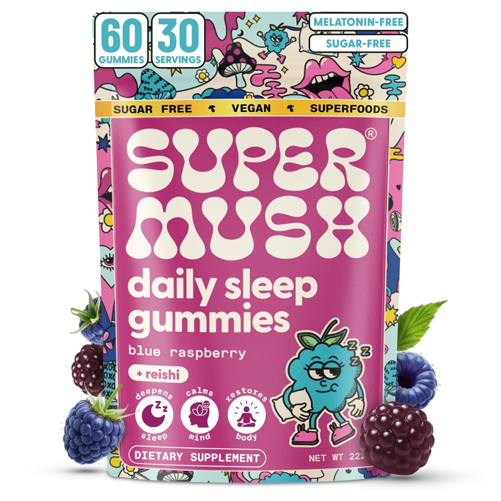 SuperMush Sleep Gummies for Adults - Mushroom Supplement with Magnesium Citrate, L-Theanine, Chaga, Reishi & Chamomile for Deep Sleep, REM & Detox - Vegan &amp; Sugar-Free - 60 Gummies (30 Servings)