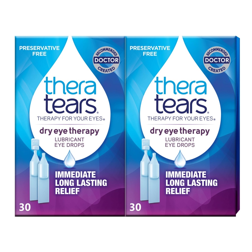 TeraTears Terapia de ojos secos Tiradas de ojos lubricantes para ojos secos, gotas de ojos libres conservativas, 30 Viales de uso único (2 Pack)
