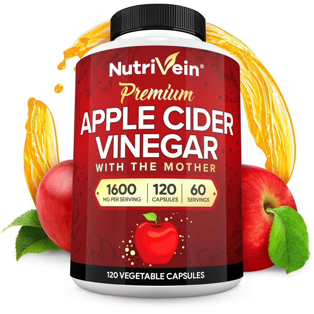 Nutrivein Premium suplementos de vinagre de manzana con madre - 1600 mg - 120 cápsulas de vinagre de manzana: píldoras ACV para la digestión, Keto, limpieza y nutrición equilibrada