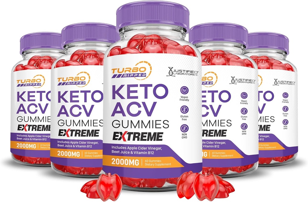 (5 Pack) Turbo Ripped Keto ACV Gummies Extreme 2000MG Turbo Ripped Keto Gummies Apple Sider Vinegar Fórmulada con Pomegranate Beet Juice Powder B12 Vegan No GMO 300 Gummys