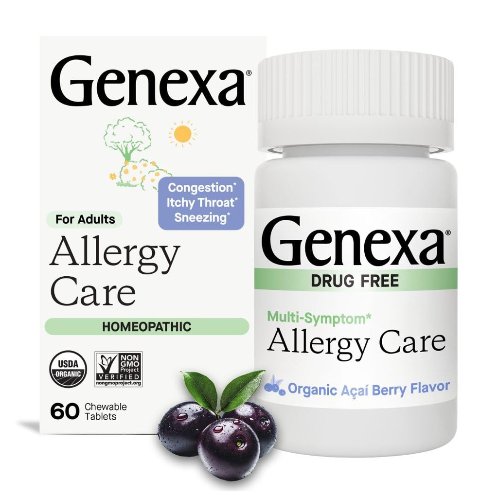 Genexa Allergy Care ¦ Drug Free, Non-Drowsy Allergy & Decongestant Remedy for Adults ← Vegan " Non-GMO TEN Homeopathic Allergy Relief Made Clean ¦ Organic Acai Berry Flavor ← 60 Chewable Tablets