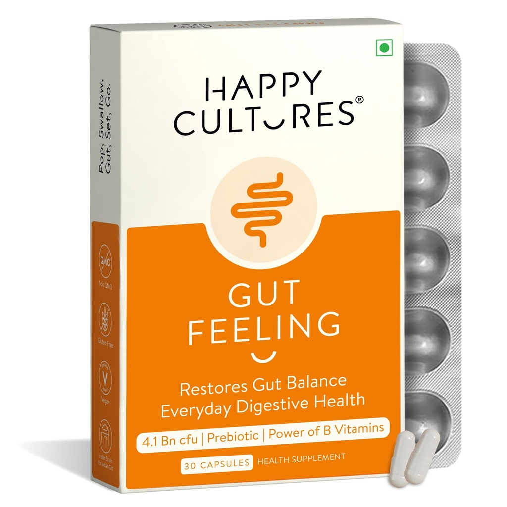 VELBIOM Happy Cultures Gut Feeling Digestion Supplement| Unique Blend Of Probiotics For Daily Digestive Health| B-Vitamins Gut Digestion |Clinically Tested For Men and Women - 30 Veg Capsules