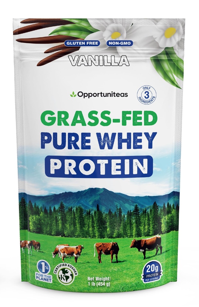 Oportuniteas Grass Fed Whey Protein Powder Concentrate - Vainilla - Suplemento Puro de Proteína - No GMO, Hormona Gratis - 1lb