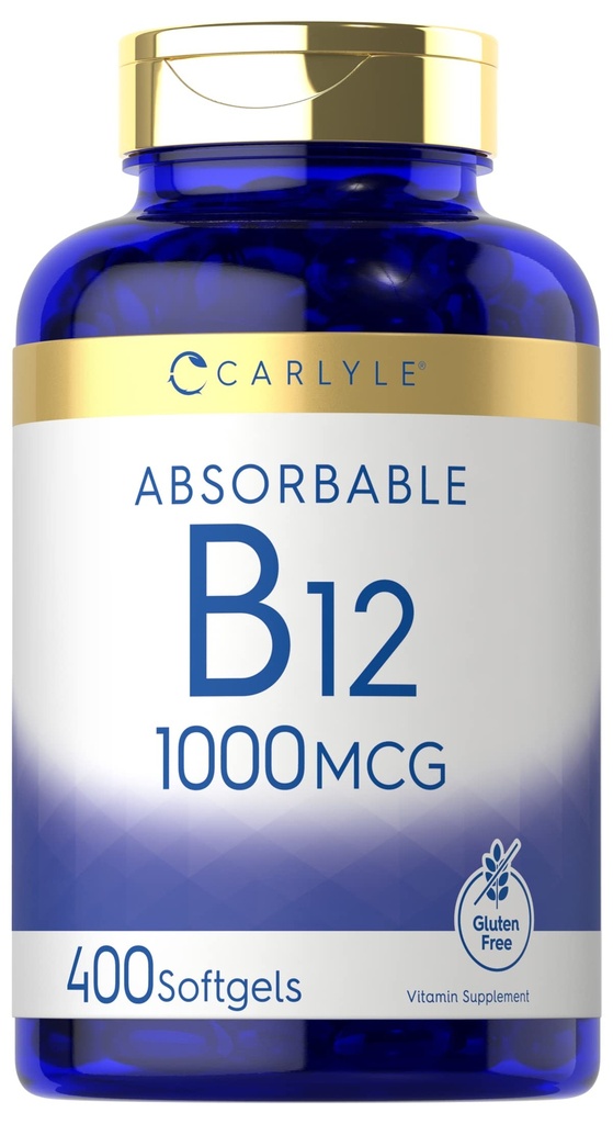 Carlyle Vitamina B12 1000 mcg Absorbable ← 400 Softgels Silencio No GMO y Gluten Suplemento Gratis