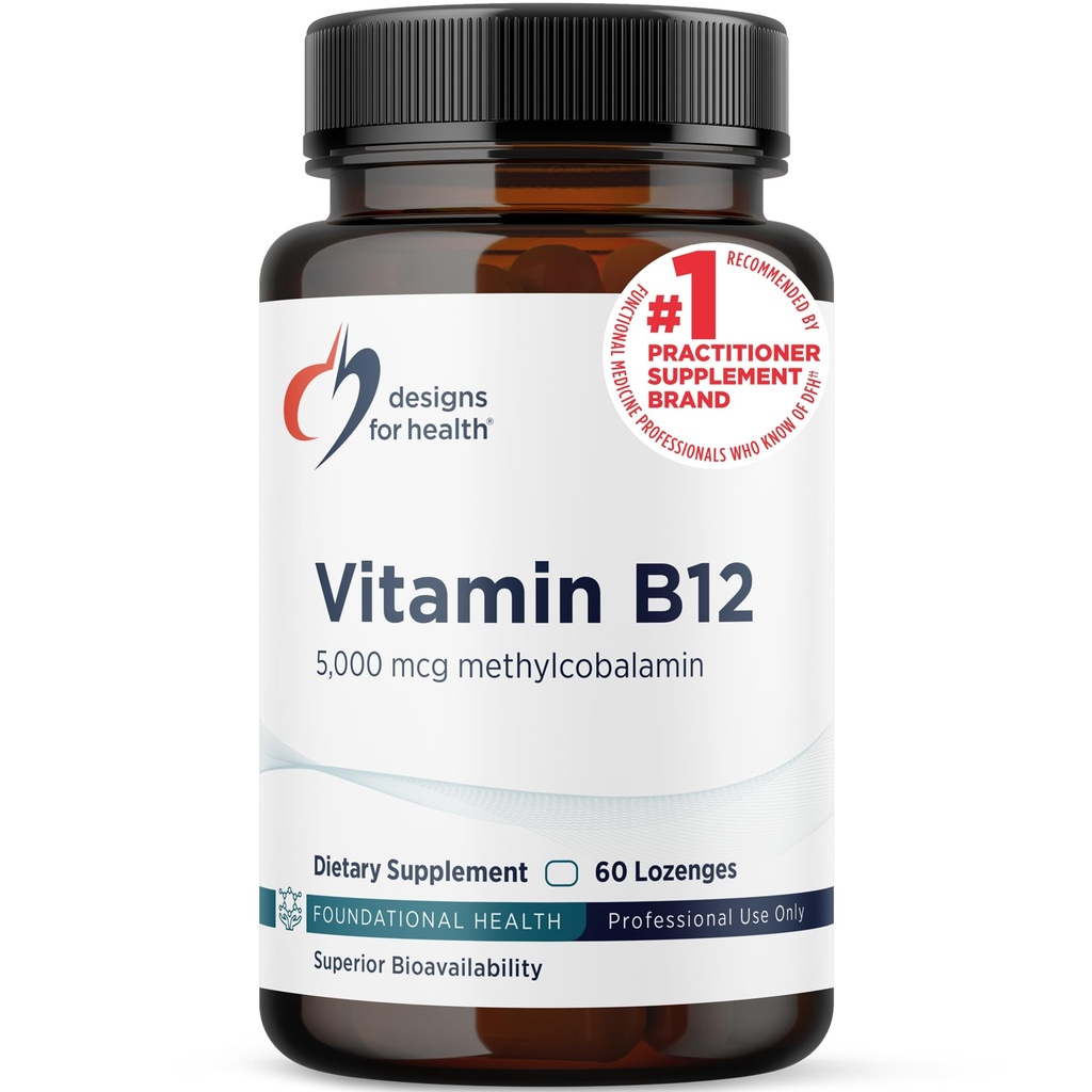 Diseños para la salud Vitamina B12 Lozenges - B12 Vitaminas 5000 mcg Metilcobalamina - Vitamina B12 Suplementos - Vegan + No GMO, Natural Berry Flavor (60 Lozenges Quick Dissolve)