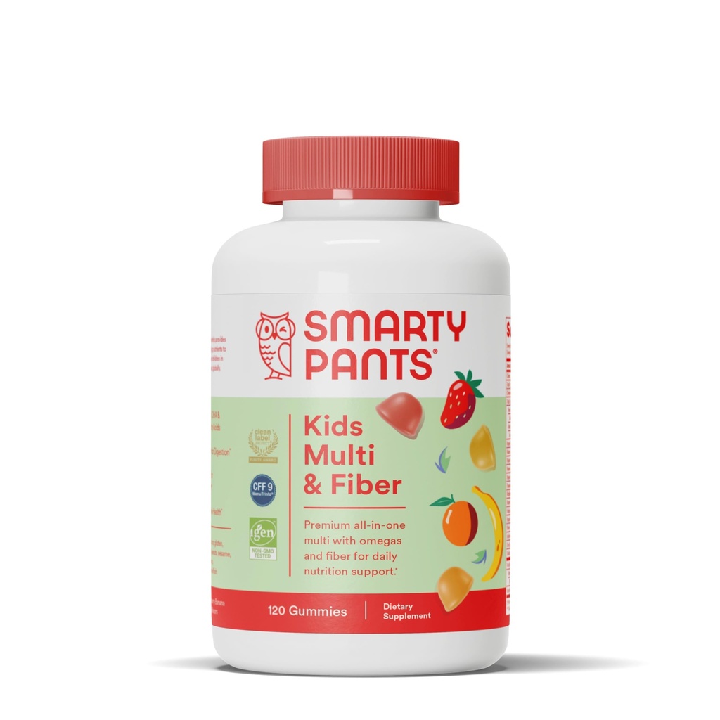 SmartyPants Kids Multivitamin Gummies and Fiber Supplement: Vitamin D3, C, Vitamin B12, B6, A, Zinc, Biotin, Inositol, Fiber Gummies, Three Fruit Flavors, 120 Conde (30 Day Supply)
