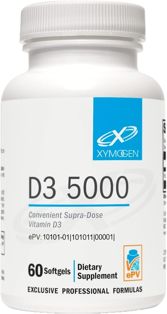 XYMOGEN D3 5000 - Biodisponible Vitamina D3 5000 UI (125 mcg) - Suplemento de vitamina D de alta potencia para apoyar la salud inmunitaria, bonificación + salud cardíaca (60 Softgels)