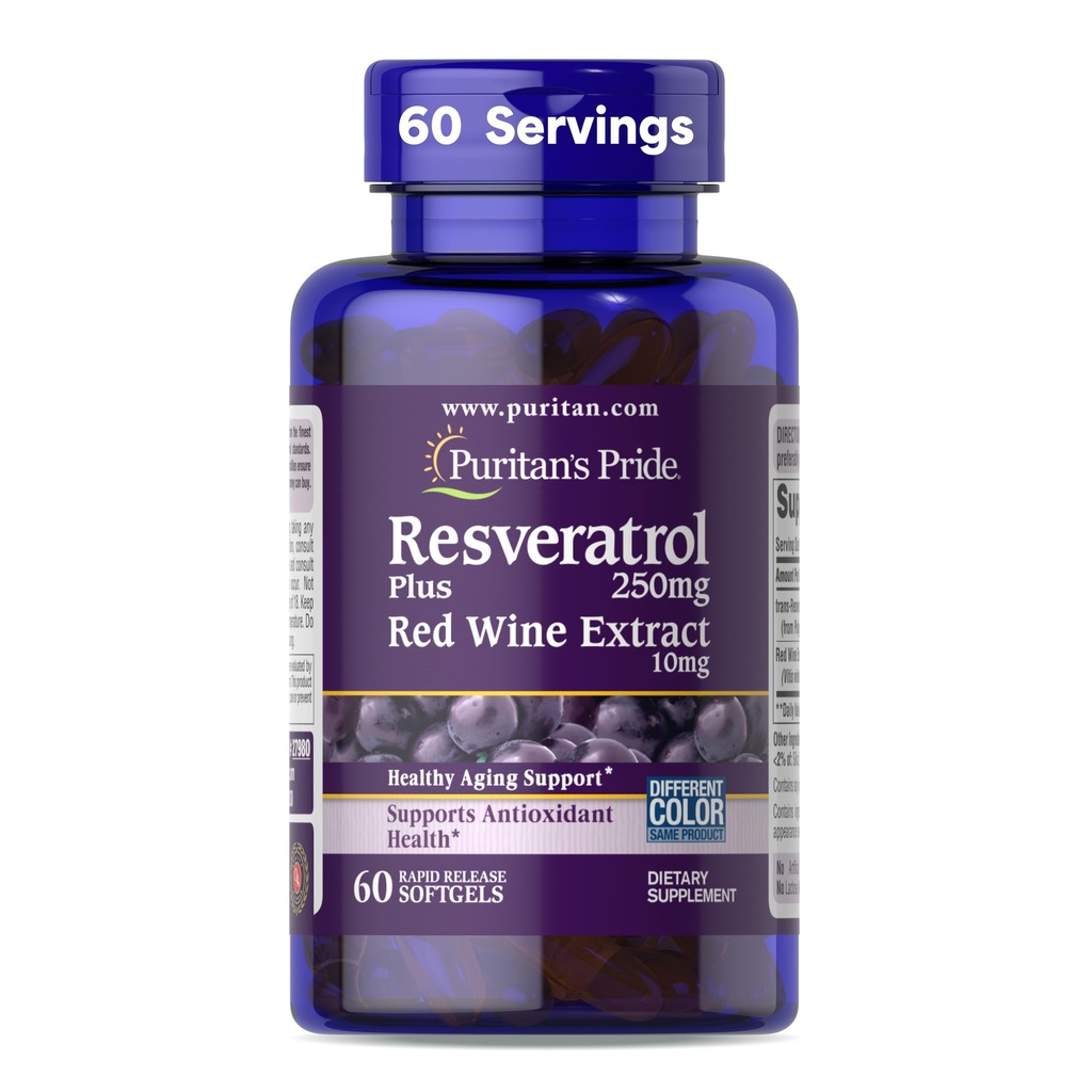 Pride de Puritan Premium Resveratrol Youth GuardTM 250mg, Suplemento dietético para el sistema inmunitario, antioxidante, metabolismo azucarero, flujo de sangre y apoyo a la función vascular, 60 Rapid Release Softgels