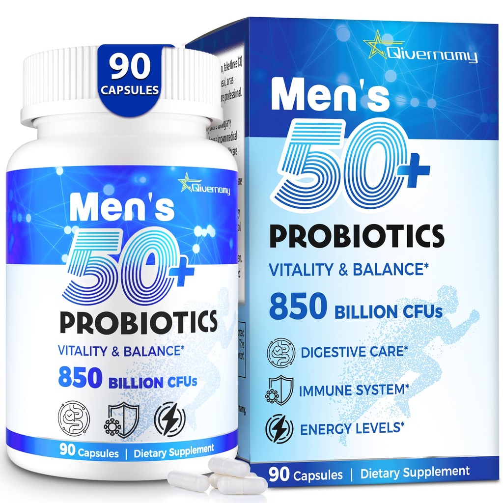 Probióticos para Hombres, Avanzado 50+ Hombres Probiótico, Gorro Integral &amp; Energy Support con 850 Billion CFU, 1800mg Prebióticos Fiber – Mangos de Wellness Tailored probióticos para la salud intestinal más de 50, 90 cápsulas