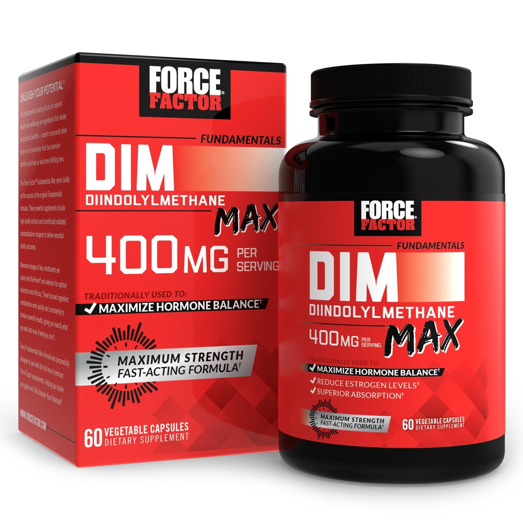 FORCE FACTOR DIM Max, DIM Suplemento 400mg, Estrógeno Balance para Hombres, Extra Fuerza para el Acné Hormonal, Metabolismo, Menopause, PCOS, Diindolylmetano, Absorción Superior, 60 cápsulas
