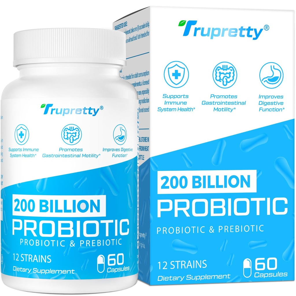 200 Billion Cfus 12 Strains Probiótico, con 3 Prebióticos Orgánicos, Probióticos para Mujeres Hombres, Suplemento diario para Immune, Gut, Salud Digestiva, Establo Stable, No GMO, 60 Caps (60-Days Supply)